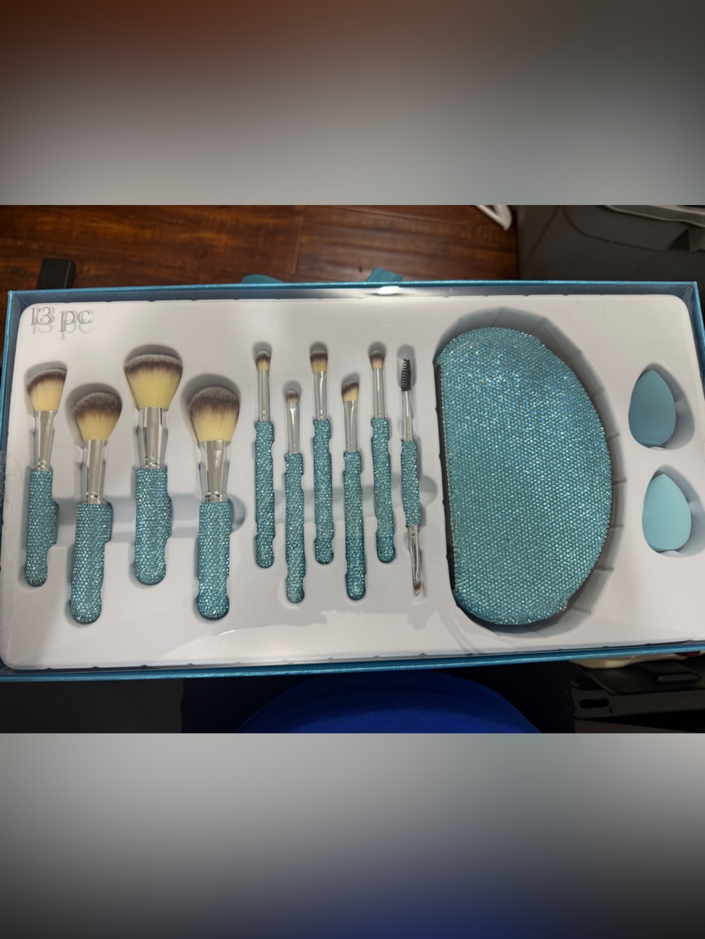 Glitz & Glam blue rhinestone cosmetic brush set 13 pieces